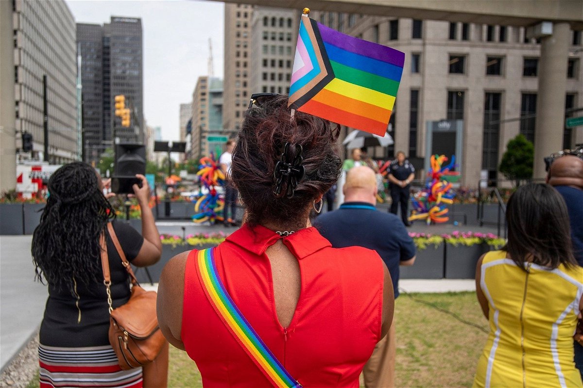 <i>Annie Barker/USA Today Network/Imagn</i><br/>Detroit officials and residents gathered for the annual pride flag raising in Spirit Plaza.