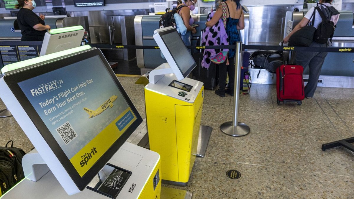 <i>David Paul Morris/Bloomberg/Getty Images/File</i><br/>Spirit Airlines self check-in kiosks are pictured at the Oakland International Airport in Oakland
