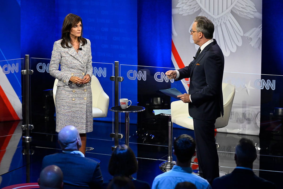 <i>Will Lanzoni/CNN</i><br/>Nikki Haley participates in a CNN Republican Town Hall moderated by CNN's Jake Tapper at Grand View University in Des Moines