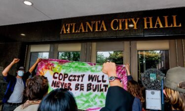Opponents to the planned Atlanta Public Safety Training Center protest at Atlanta City Hall on June 5