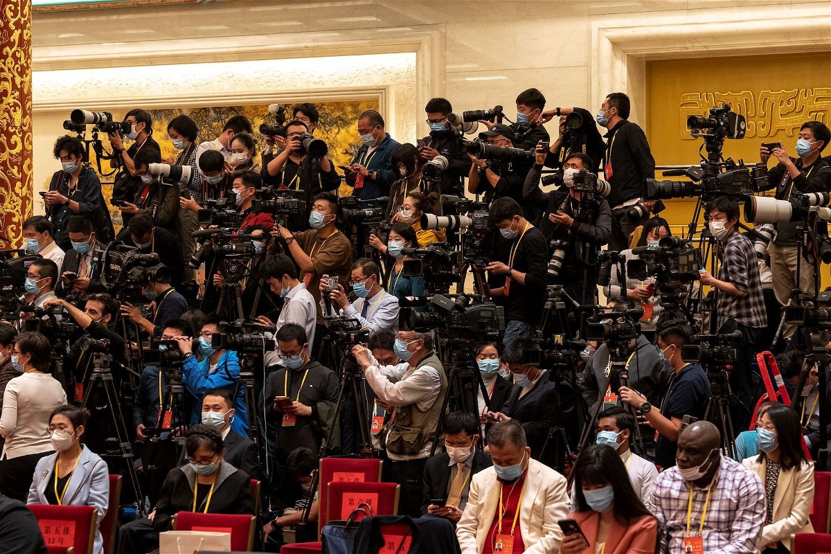 <i>Andrea Verdelli/Bloomberg/Getty Images</i><br/>Members of the media wait ahead of the unveiling of the Communist Party of China's new Politburo Standing Committee at the Great Hall of the People in Beijing