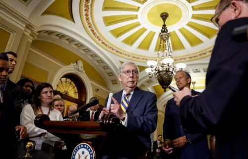 Senate Minority Leader Mitch McConnell speaks during a press conference following a luncheon with Senate Republicans in the Capitol Building on May 2 in Washington
