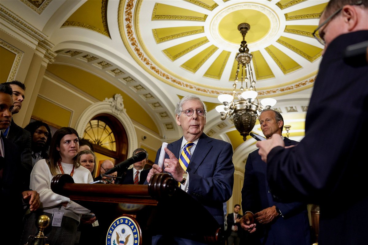 <i>Anna Moneymaker/Getty Images</i><br/>Senate Minority Leader Mitch McConnell speaks during a press conference following a luncheon with Senate Republicans in the Capitol Building on May 2 in Washington