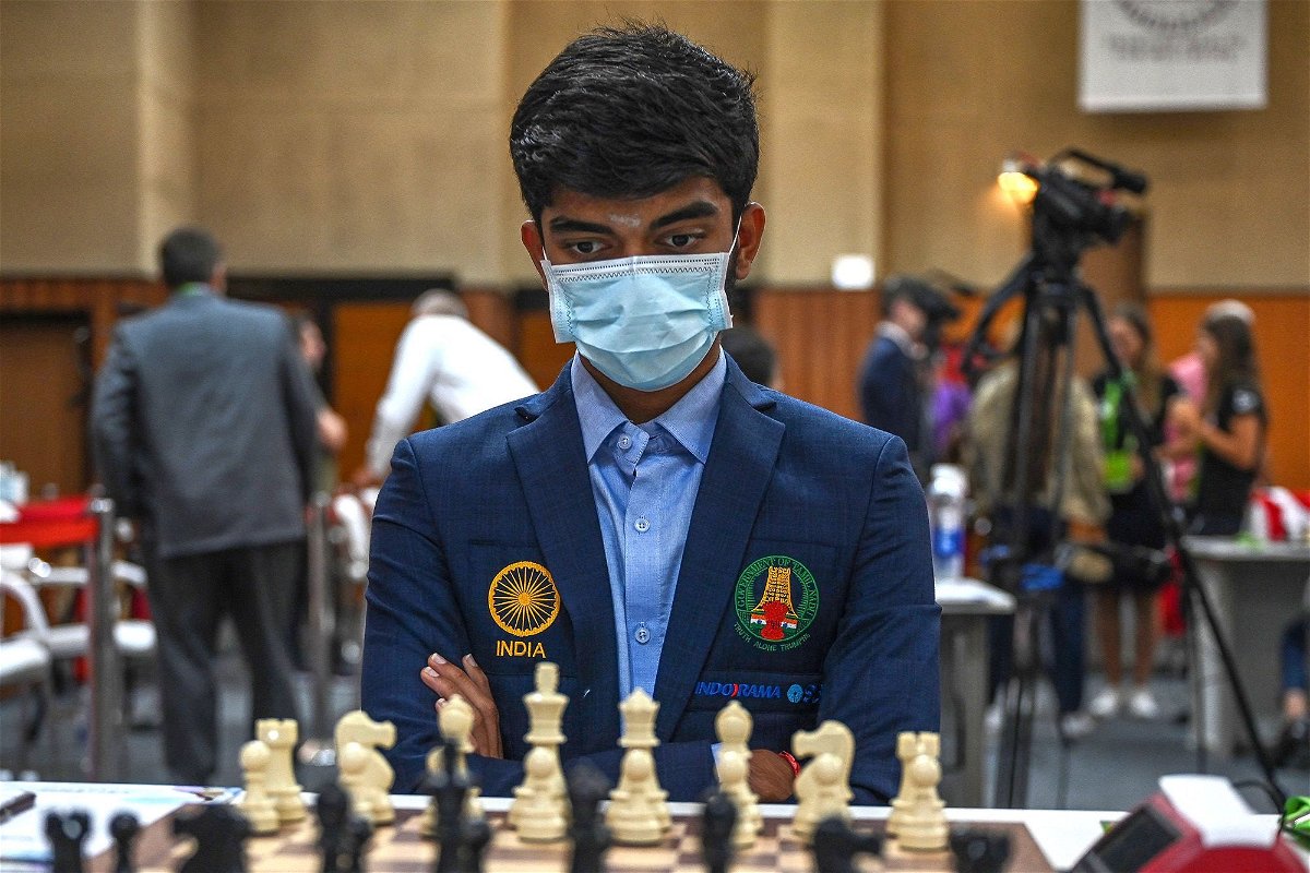 <i>Arun Sankar/AFP/Getty Images</i><br/>Dommaraju Gukesh surveys the board during his round nine game against the Azerbaijan team at the 44th Chess Olympiad on August 7