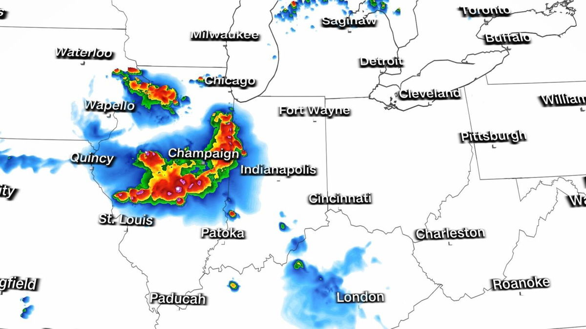 <i>CNN Weather</i><br/>Radar imagery of a bow-echo storm complex moving east through Illinois on Thursday.