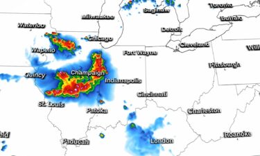 Radar imagery of a bow-echo storm complex moving east through Illinois on Thursday.