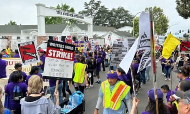 Janitors from SEIU United Service Workers West and Writer's Guild of America strikers join together at The Culver Studios picket in Culver City