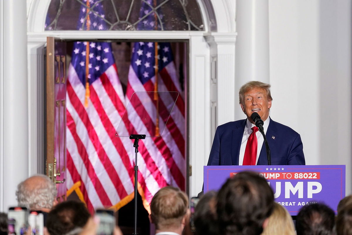 <i>Mary Altaffer/AP</i><br/>Former President Donald Trump speaks to supporters at Trump National Golf Club Bedminster