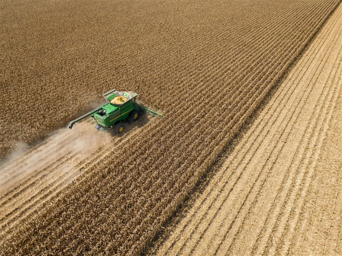 <i>Rory Doyle/Bloomberg/Getty Images</i><br/>A combine tractor harvests corn in Leland