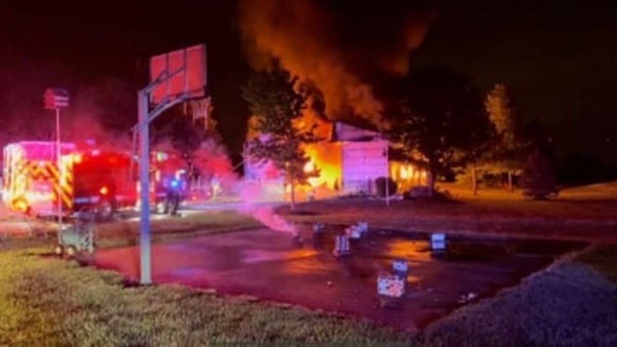 <i>Northwest Consolidated Fire District/KCTV</i><br/>A fire sparked by fireworks late Saturday night resulted in injuries to four people and the complete loss of a building in De Soto