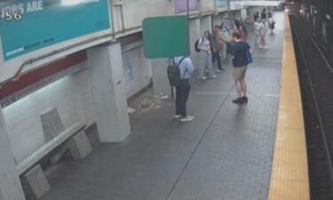 On surveillance footage from a subway station in Boston shows a chunk of concrete falls from the ceiling and lands just inches away from where a passenger was standing.