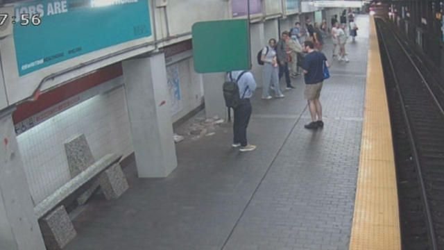 <i>WBZ via MBTA</i><br/>On surveillance footage from a subway station in Boston shows a chunk of concrete falls from the ceiling and lands just inches away from where a passenger was standing.