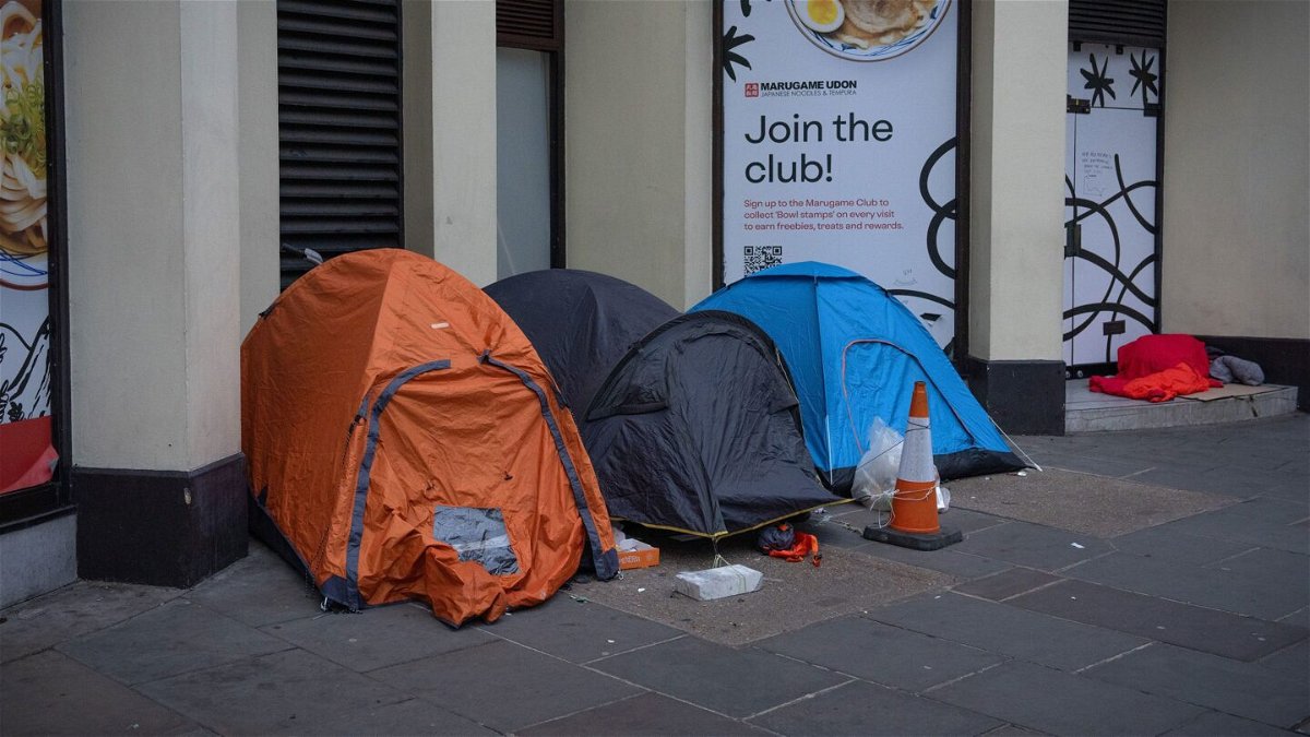 <i>Carl Court/Getty Images</i><br/>Tents belonging to homeless people are pictured on January 24