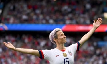 United States' forward Megan Rapinoe celebrates scoring her team's first goal during the France 2019 Women's World Cup quarter-final football match between France and United States