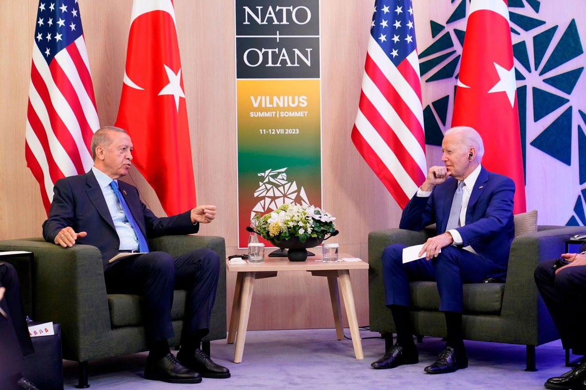 <i>Susan Walsh/AP</i><br/>President Joe Biden and Turkey's President Recep Tayyip Erdogan meet on the sidelines of the NATO summit in Vilnius