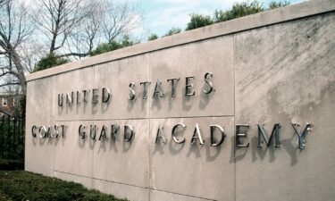 The U.S. Coast Guard Academy wall sign is pictured in New London