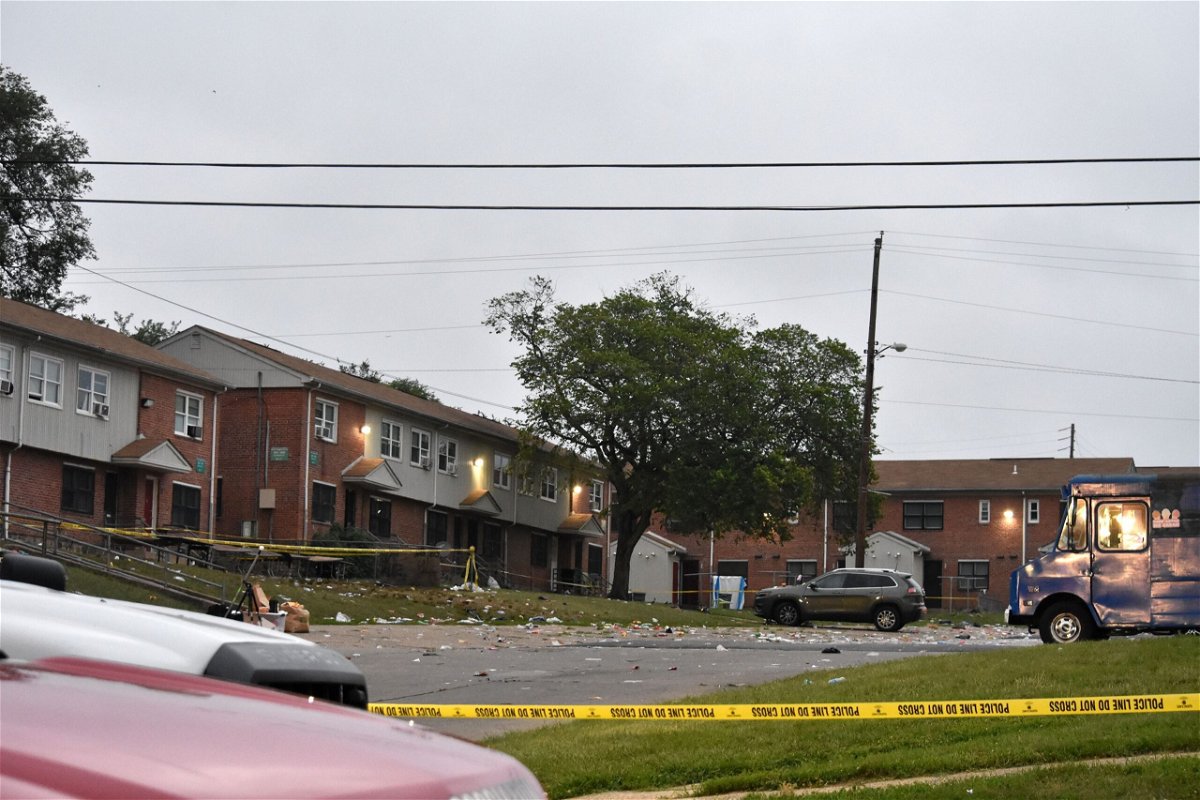 <i>Kyle Mazza/Anadolu Agency/Getty Images</i><br/>A view from the scene of a mass shooting incident at the 800 block of Gretna Court in Baltimore