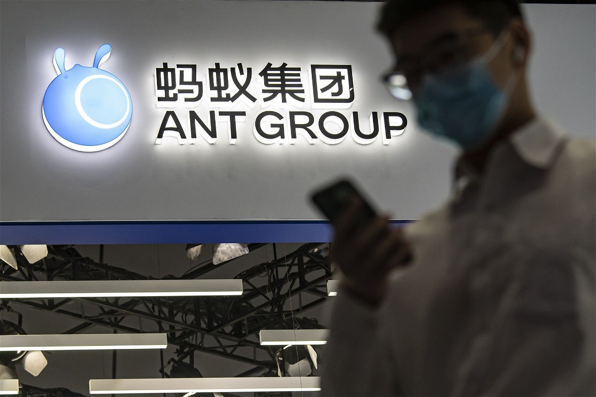 <i>Qilai Shen/Bloomberg/Getty Images</i><br/>China fines Jack Ma’s Ant Group nearly $1 billion. An Ant Group booth is pictured here at the World Artificial Intelligence Conference in Shanghai