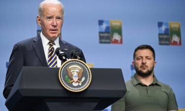 US President Joe Biden delivers a speech next to Ukrainian President Volodymyr Zelensky during an event with G7 leaders to announce a Joint Declaration of Support for Ukraine during the NATO Summit in Vilnius on July 12.