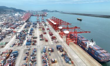 Cargo ships load and unload containers at the port container terminal in Lianyungang