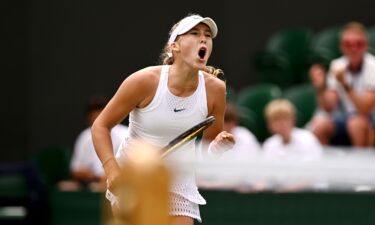 Mirra Andreeva celebrates against Anastasia Potapova in the Wimbledon third round.