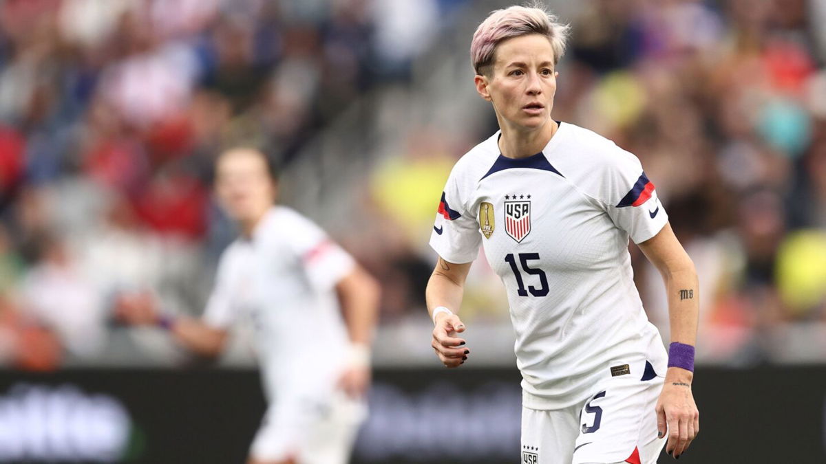 <i>James Williamson/AMA/Getty Images</i><br/>Megan Rapinoe is pictured here during the 2023 SheBelieves Cup match between Japan and United States.