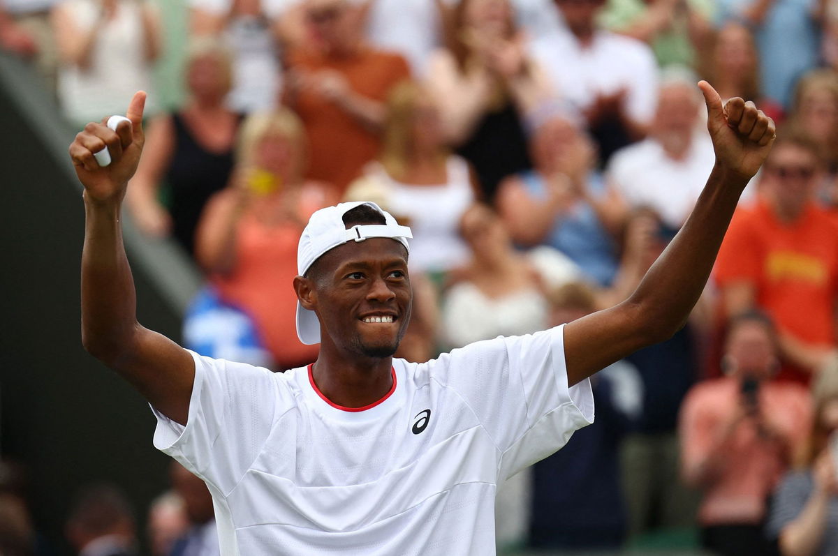 <i>Toby Melville/Reuters</i><br/>Christopher Eubanks celebrates winning his fourth-round match at Wimbledon against Stefanos Tsitsipas.