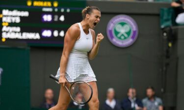 Aryna Sabalenka celebrates after beating Madison Keys in the Wimbledon quarterfinals.