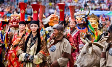 A Genghis Khan actor takes center stage during the Naadam opening ceremony at Ulaanbaatar's National Stadium in 2006.