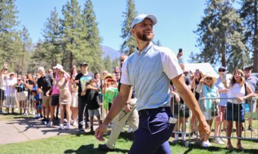 Steph Curry walks to the 18th hole on day two of the 2023 American Century Championship.