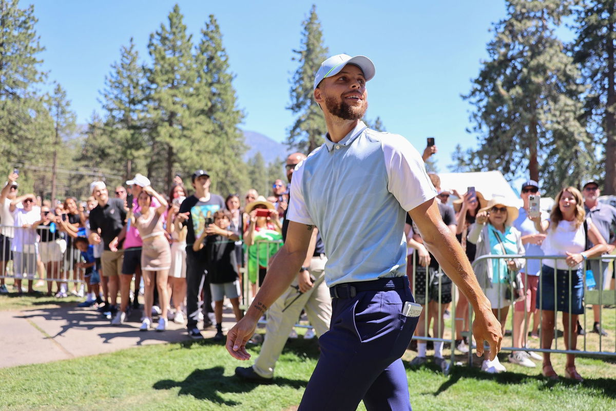 <i>Isaiah Vazquez/Getty Images</i><br/>Steph Curry walks to the 18th hole on day two of the 2023 American Century Championship.