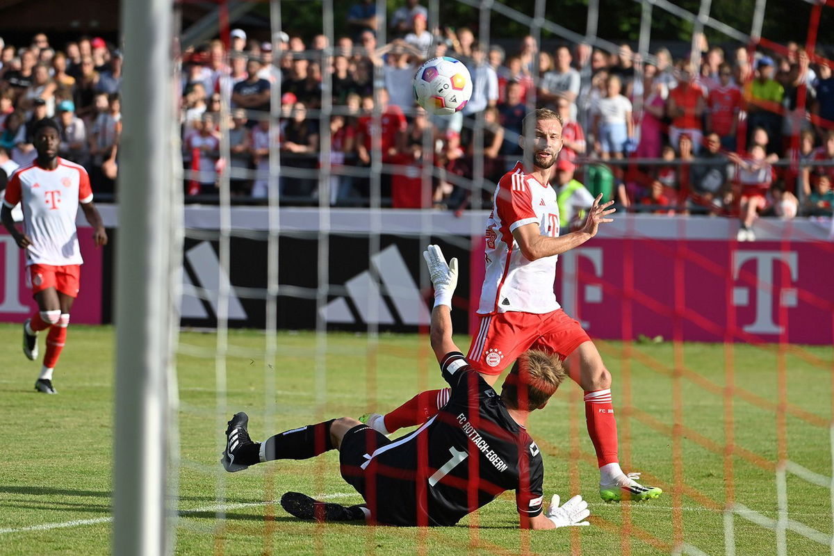 <i>Frank Hoermann/SVEN SIMON/dpa/AP</i><br/>New signing Konrad Laimer got his first goal in a Bayern Munich shirt.