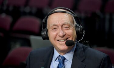 Dick Vitale broadcasts before the semifinals of the West Coast Conference tournament between the San Francisco Dons and the Gonzaga Bulldogs on March 9