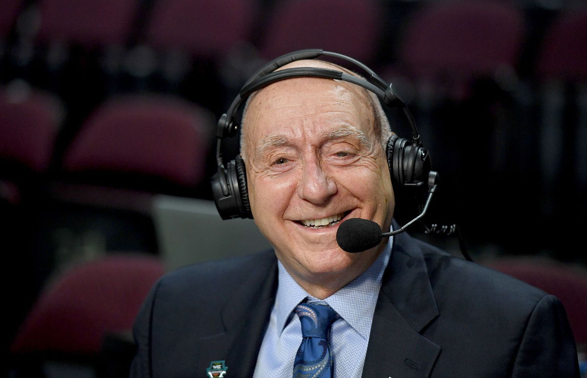 <i>Ethan Miller/Getty Images</i><br/>Dick Vitale broadcasts before the semifinals of the West Coast Conference tournament between the San Francisco Dons and the Gonzaga Bulldogs on March 9