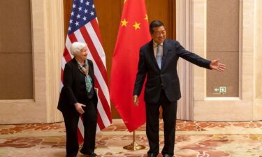 Chinese Vice Premier He Lifeng gestures to US Treasury Secretary Janet Yellen during a meeting on July 8