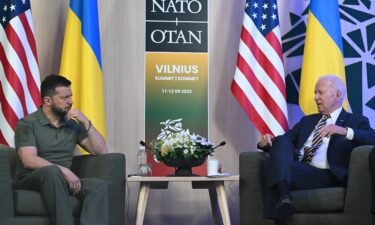 US President Joe Biden attends a meeting with Ukrainian President Volodymyr Zelensky at the sidelines of the NATO Summit in Vilnius on July 12.