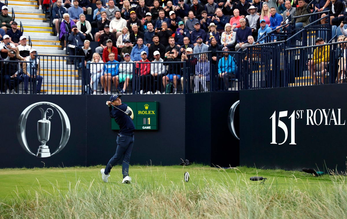 <i>Richard Sellers/AP</i><br/>Matthew Jordan tees off to start the 151st Open Championship at Royal Liverpool Golf Club in Wirral