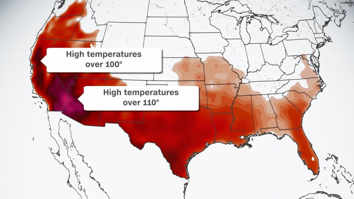 <i></i><br/>All of the areas shaded in red will exceed 90 degrees on Saturday.