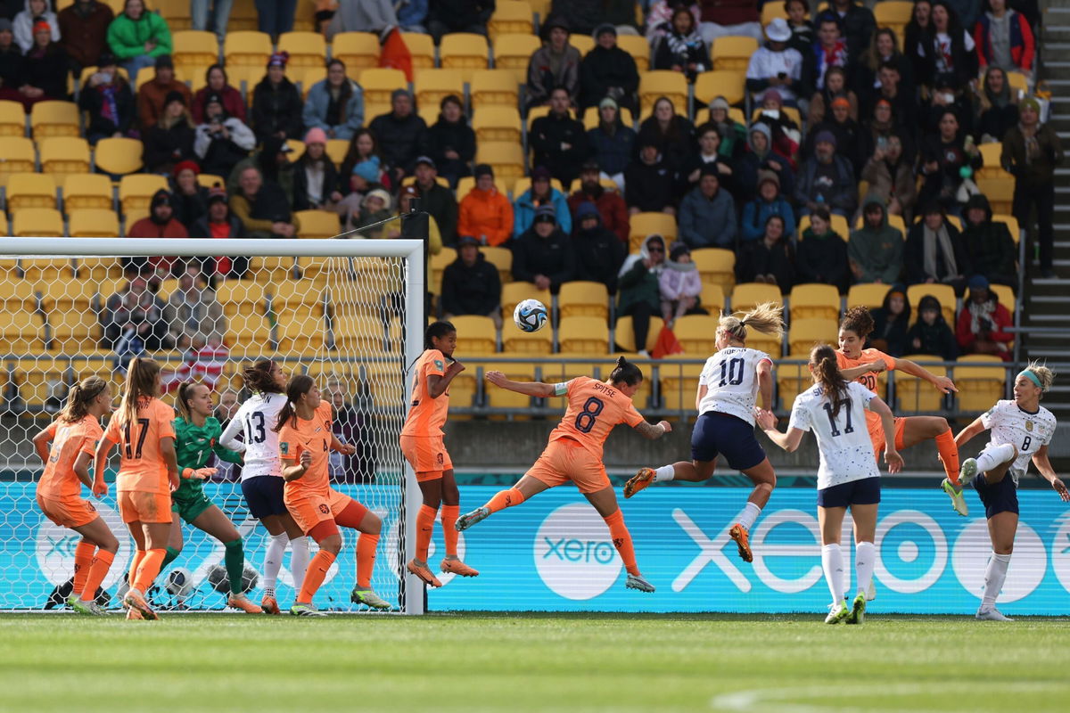 <i>Catherine Ivill/Getty Images</i><br/>US captain Lindsey Horan scores the equalizer against the Netherlands at the 2023 FIFA Women's World Cup at Wellington Regional Stadium in New Zealand on July 27.