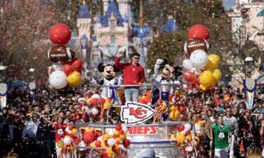 Patrick Mahomes celebrating his 2023 Super Bowl win at Disneyland in February.
