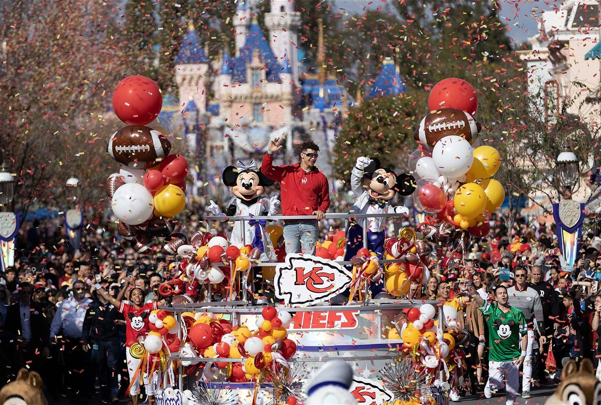 <i>Getty Images</i><br/>Patrick Mahomes celebrating his 2023 Super Bowl win at Disneyland in February.