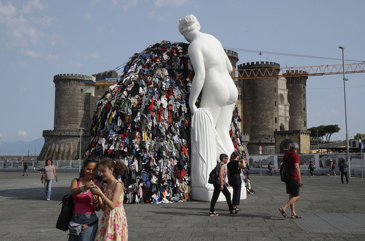 <i>Salvatore Laporta/KONTROLAB/ip/Shutterstock</i><br/>The 'Venus of the Rags' installation was designed especially for Naples and unveiled in Piazza Municipio on June 28.