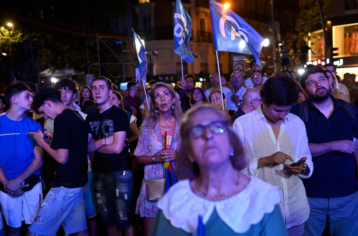 <i>Oscar del Pozo/AFP/Getty Images</i><br/>Supporters outside the PP headquarters waiting for election results.