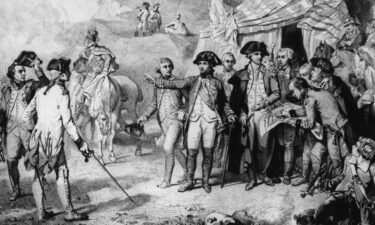 A depiction of Generals Rochambeau and Washington giving the last orders for attack at the siege of Yorktown in 1781. With them is the Marquis de Lafayette.