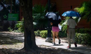 Pedestrians carry umbrellas during a heat wave in Miami