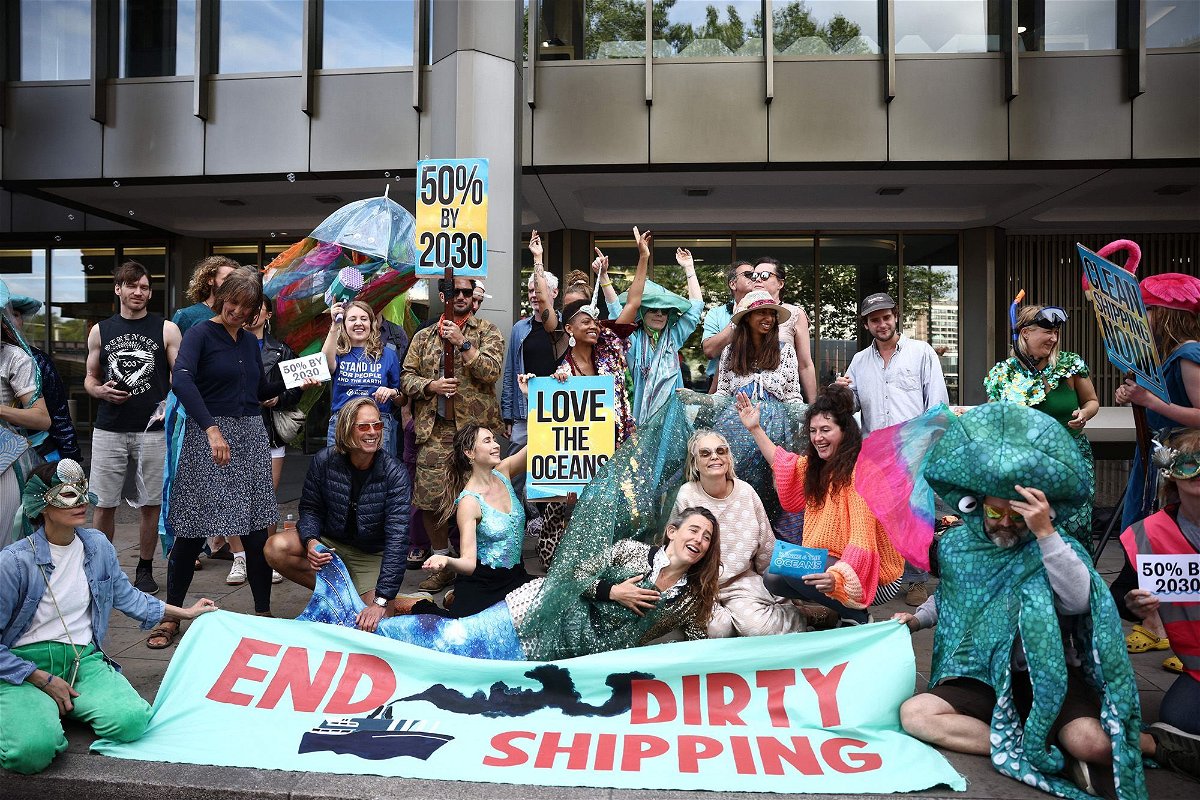 <i>Henry Nicholls/AFP/Getty Images</i><br/>Activists outside the International Maritime Organization conference in London on July 3.