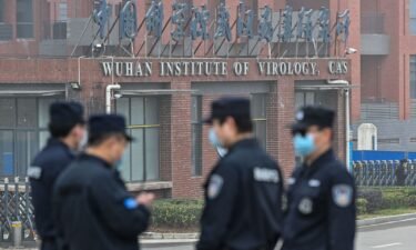 Security personnel stand guard outside the Wuhan Institute of Virology in Wuhan in February 3