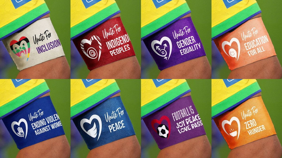 <i>FIFA/Handout/Reuters</i><br/>A combination mock-up picture shows the armbands that FIFA says team captains will be permitted to wear during the 2023 Women's World Cup.