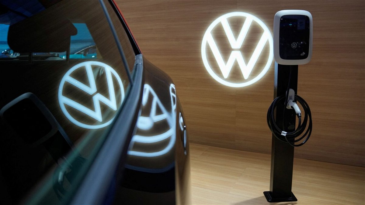 A Volkswagen charging station is displayed at the Auto Shanghai show in Shanghai, China, in April.