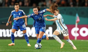 Giulia Dragoni challenges Estefania Banini of Argentina during the Group G game between Italy and Argentina.